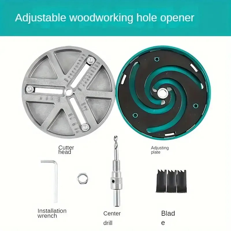 Adjustable Hole Saw Cutter, Precision Woodworking Tool for Drilling Wood, Plastic, Drywall, Thin Metal with Center Drill & Installation Wrench