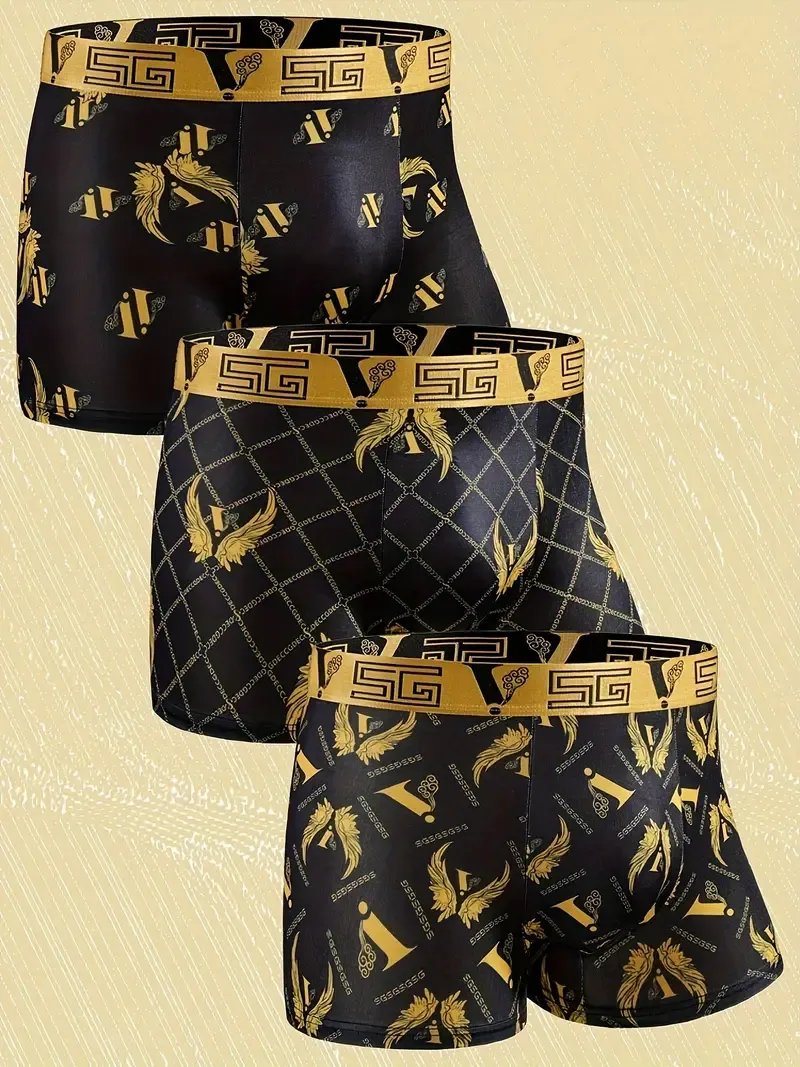 Black Golden Gift Box Package - Stylish Series 3pcs Men's Golden Wing & Chain Print Boxer Briefs - Comfy & Antibacterial Luxury Underwear Set, As Gift