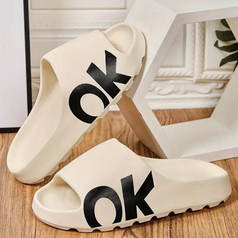 Men's Open Toe Breathable Open Toe Chunky Slippers With OK Pattern, Comfy Non Slip Casual Durable EVA Anti Odor Slides, Men's Summer Footwear