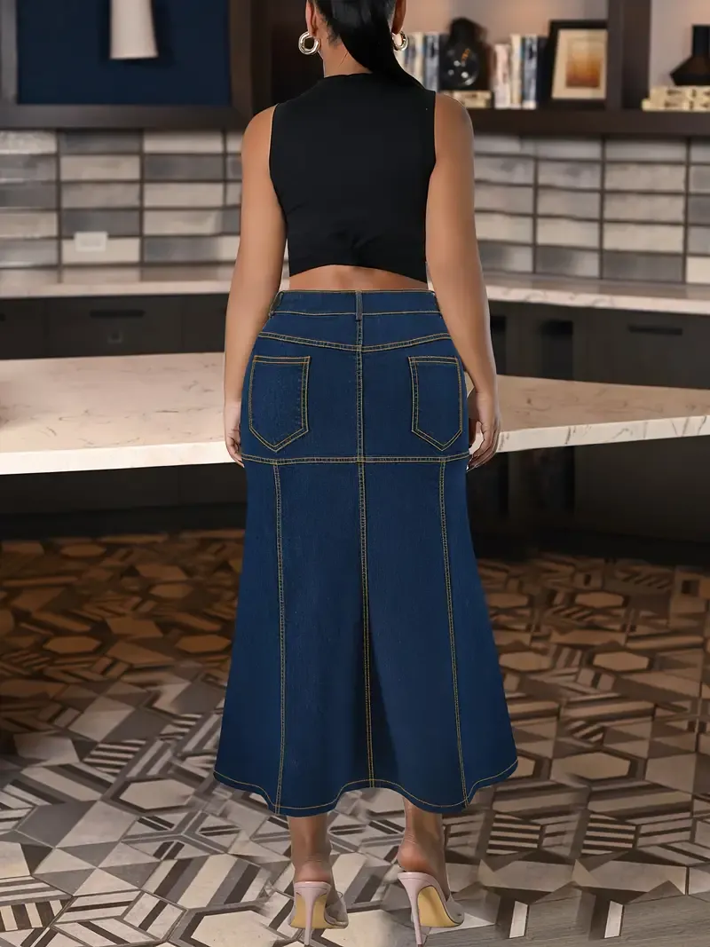 Stylish Plus Size Dark Washed Trumpet Denim Skirt - High Waist