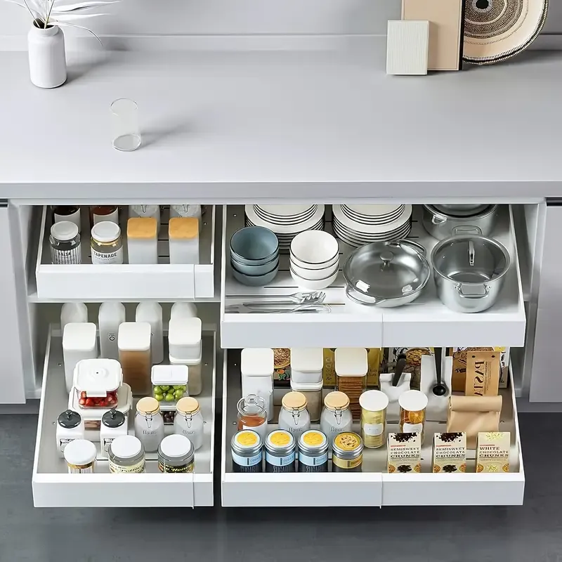 1 Pack Expandable Pull Out Cabinet Organizer, Heavy Duty Slide Out Drawers Adhesive With Nano Film, Adjustable Width 31cm-52cm, Pull Out Shelves For Kitchen Pantry Organization, White