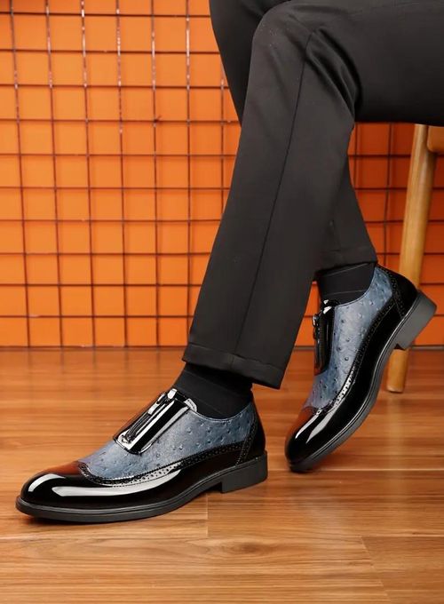 Formal leather shoes with embossed patterns, zip fastening, pointed toe, men's shoes Shiny leather Chelsea boots for men