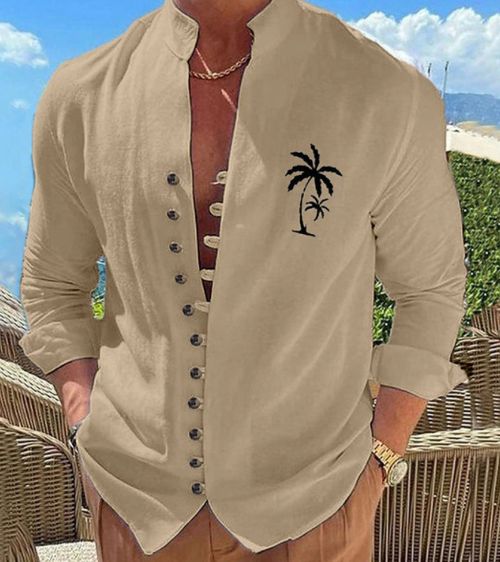 Men's Palm Tree Pattern Plait Splicing Long Sleeve Lapel Shirt For Spring And Fall, Casual Comfy Trendy Shirt As Gift