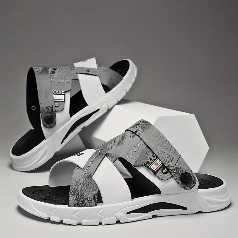 Men's Alphabet Print Casual Dual-Purpose Sandals Slippers With PU Leather Uppers, Non-Slip Beach Shoes For Summer Outdoor