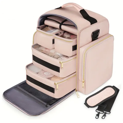 Large Travel Makeup Bag with 4 Removable Compartments & Jewelry Pouch, Pink, Elegant Polyester Travel Organizer for Women's Cosmetics, Hair Tools, and Accessories