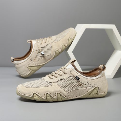 New style stitched genuine leather mesh men's shoes