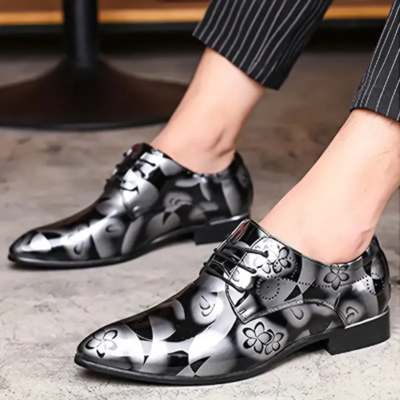Men's Sleek Pointed-Toe Dress Shoes - Floral Pattern, Lace-Up, Formal & Casual Wear for Weddings and Special Occasions