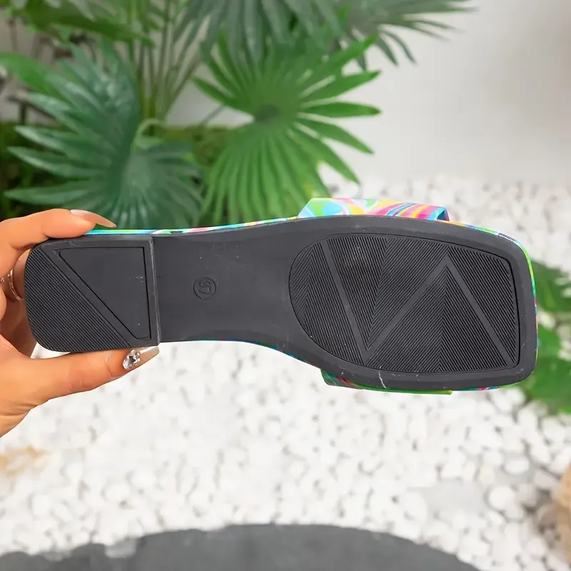 Women's Abstract Color Slide Sandals, Fashion Square Open Toe Flat Summer Shoes, Lightweight Slide Sandals