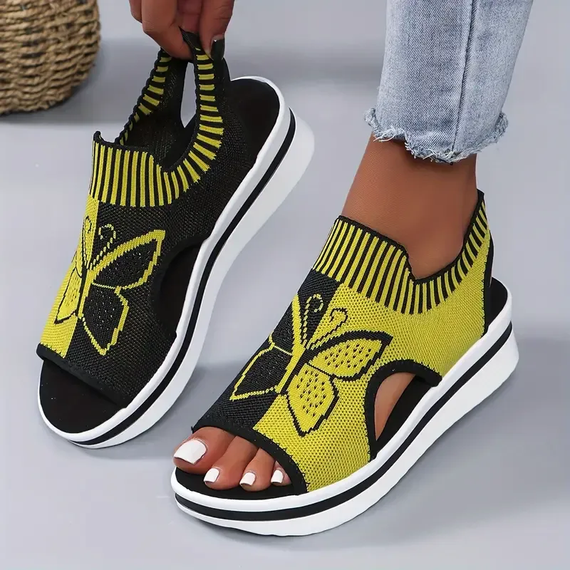 Women's Contrast Color Knitted Sandals, Platform Slip On Walking Comfort Shoes, Butterfly Wedge Stretch Shoes
