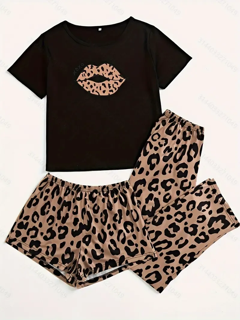Women's casual leopard print pajamas with lip graphics, crew collar, short sleeve - polyester knit fabric, 95% polyester 5% elastic, 3 piece set T-shirt, shorts and pants, comfortable clothing for adults for all seasons