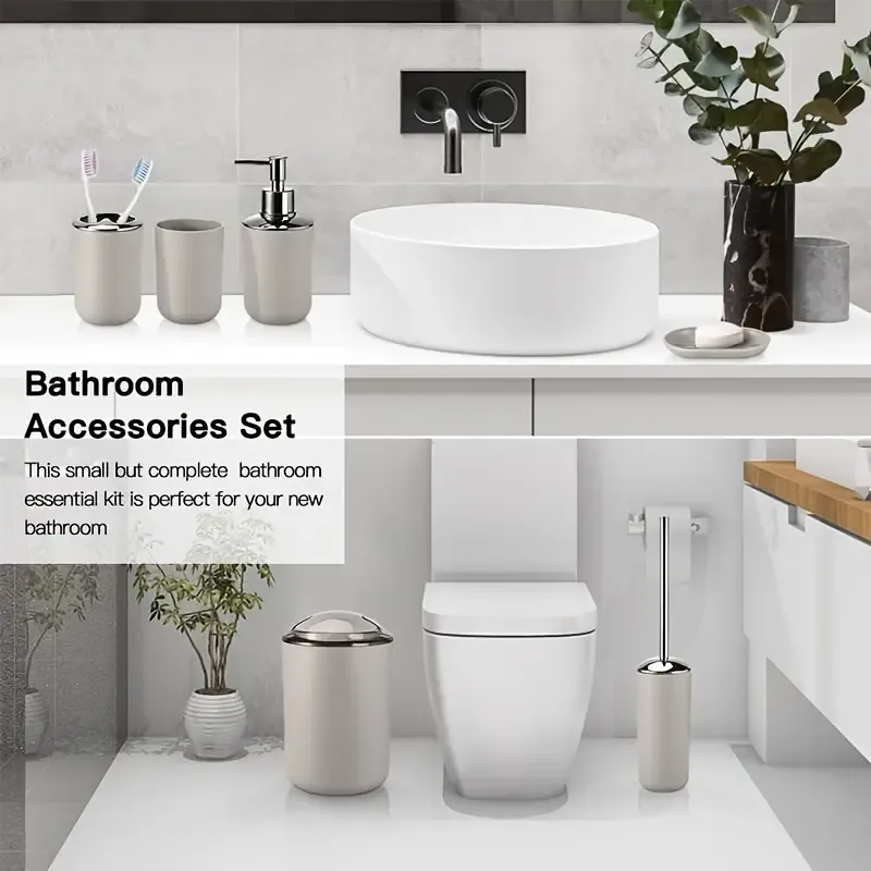 6pcs Bathroom Accessories Set, Including Soap Dispenser, Toothbrush Holder, Toothbrush Cup, Soap Dish, Toilet Brush, Trash Can Gift For Decorating Countertop And Housewarming Joy, Beige Halloween Christmas Gift!