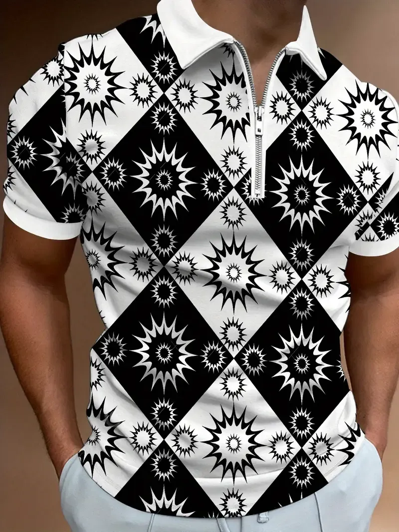 Men's Fashion Printed Polo Shirt - Casual Short Sleeve Regular Fit Knit Polyester Top with Lapel Collar and Zipper Detail - All Over Graphic Pattern Polo for Summer