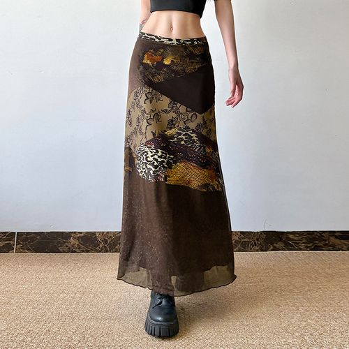 Retro print color-blocked net fabric patchwork low-waist straight A-line midi skirt in long length