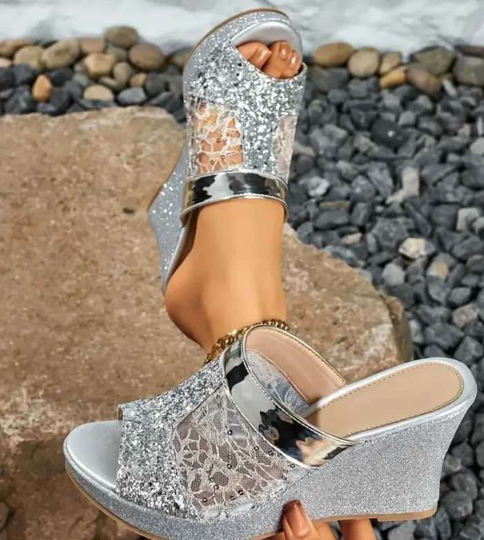 Premium Summer New Arrival Solid-Colour Women's Sandals with Sequins and Lace High-Heel Strappy Sandals
