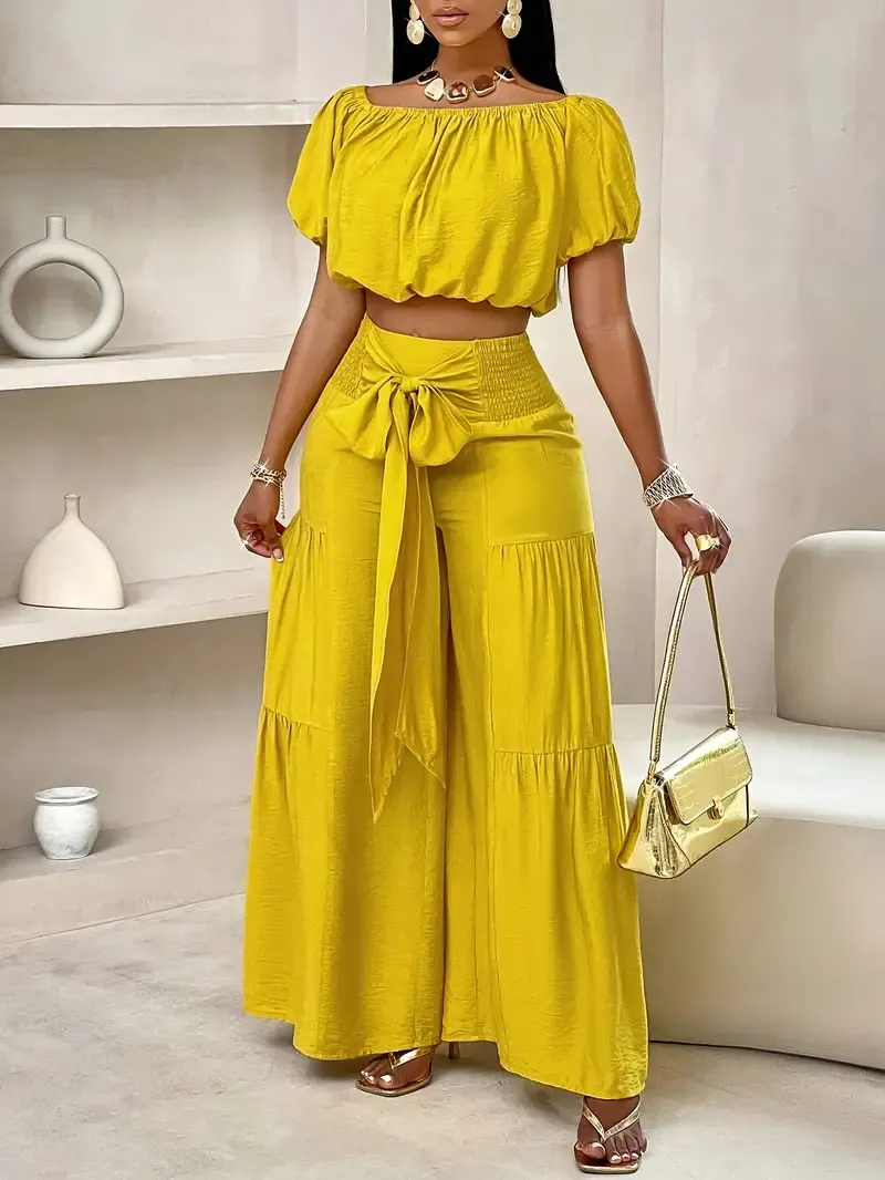 Two-piece Solid Vacation Style Outfits, Off Shoulder Puff Sleeve Top & Loose Tie Shirred Waist Wide Leg Pants Set for Summer, Women's Clothing