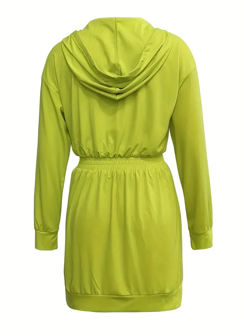 Elegant Slim-Fit Hooded Dress with Drawstring & Kangaroo Pocket - Long Sleeve, Zip-Up, Polyester Blend - Machine Washable