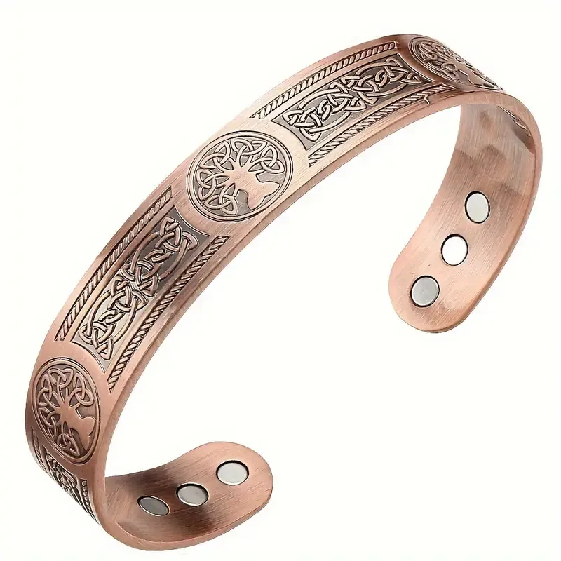 1pcs Solid Copper Magnetic Cuff Bangle - Tree Of Life Pattern, Adjustable Size, Ultra Strong Magnets, Gift For Men Women, Mom Dad, Birthday, Christmas, Anniversary, And Everyday Wear