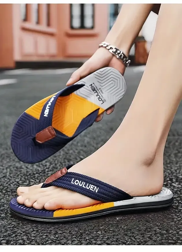 Men's Block Color Thong Sandals With Fabric Uppers, Casual Non Slip Flip-flops Sandals For Indoor Outdoor Walking, Beach Shoes For Spring And Summer
