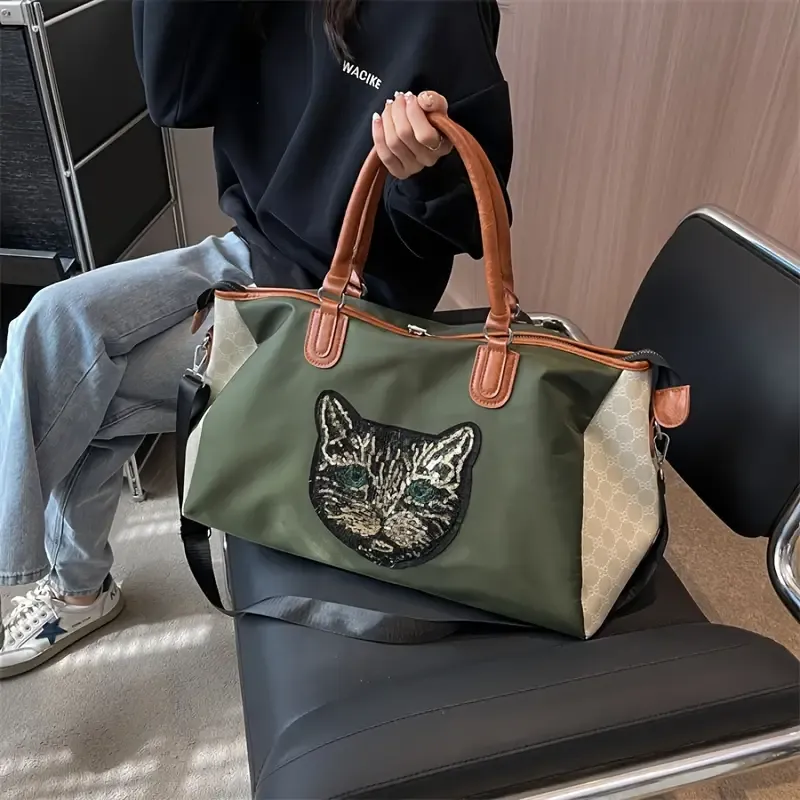 Large Capacity Sequins Cat Pattern Luggage Handbag, Versatile Portable Duffle Bag, Short Distance Zipper Storage Bag