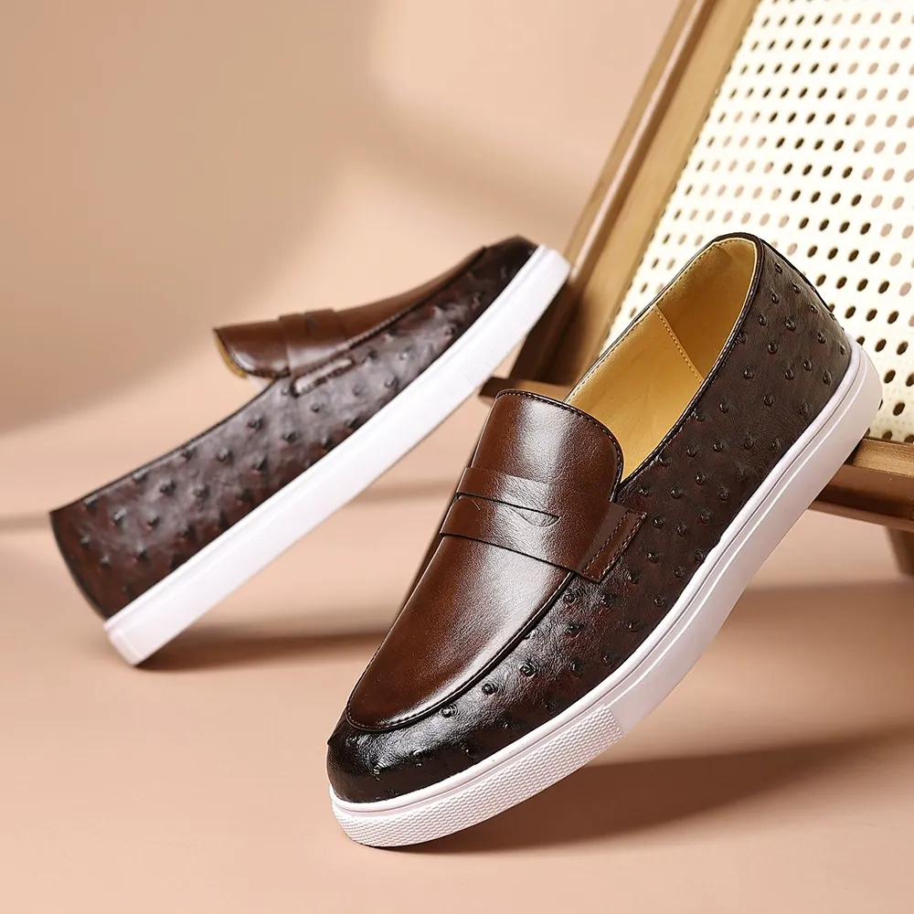 Large size men's shoes fashion slip-on leather shoes casual ostrich pattern loafers men's shoes