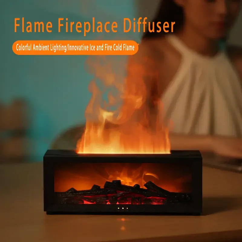 USB Powered Flame Fireplace Diffuser - 1pc Simulated Flame Aroma Humidifier for Bedroom, Home, Office - Long-Lasting Ambient Lighting, Innovative Ice and Fire Effect, Ideal Holiday and Christmas Gift