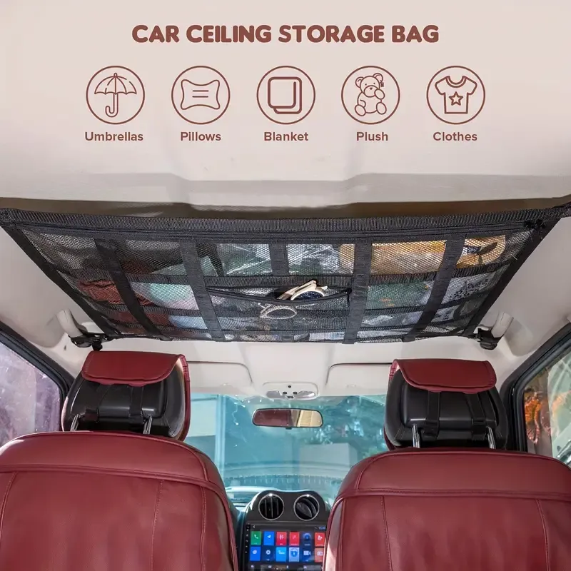 30 pcs Upgraded Version Car Ceiling Cargo Net, Storage Pocket Mesh Car Roof Storage Organizer For Truck SUV Travel Long Road Trip Camping, Car Interior Accessories