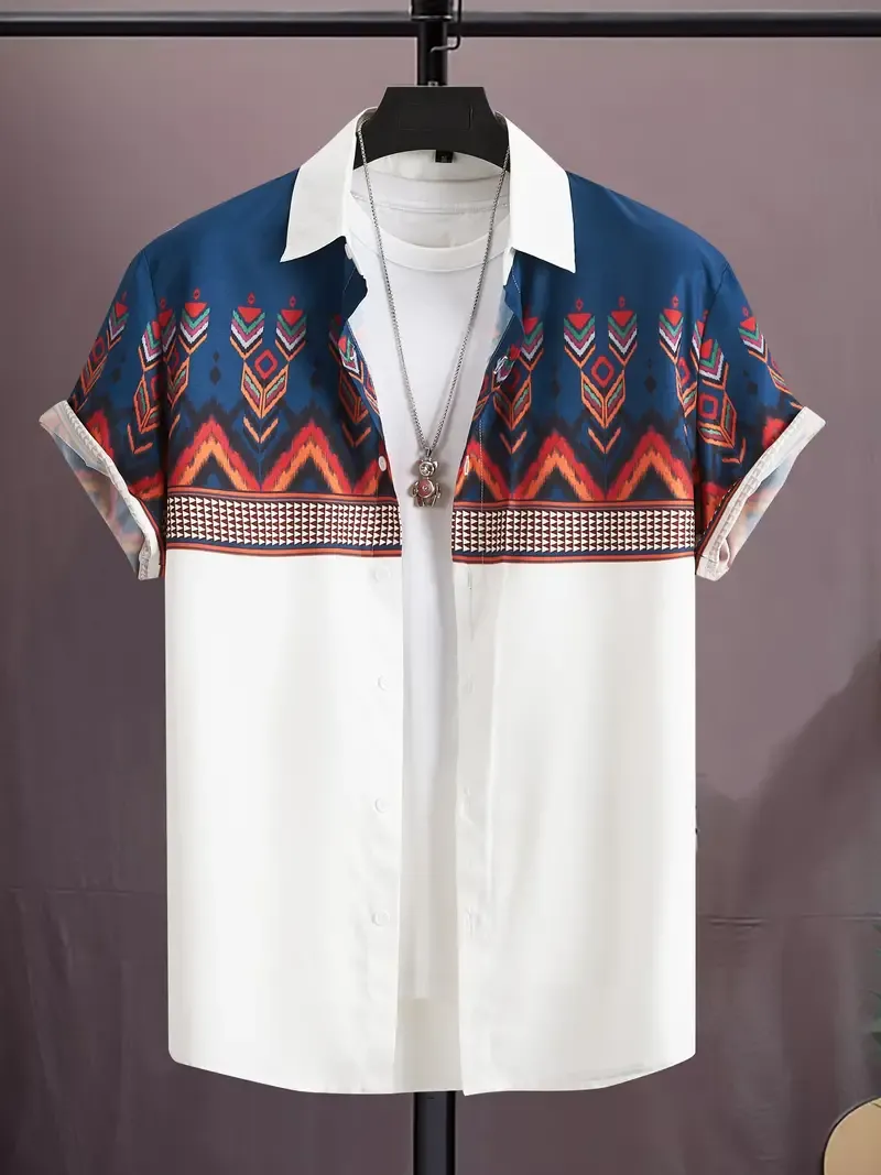 Bohemian Holiday Style Men's Summer Short Sleeve Color Block Lapel Shirt, Gift For Men