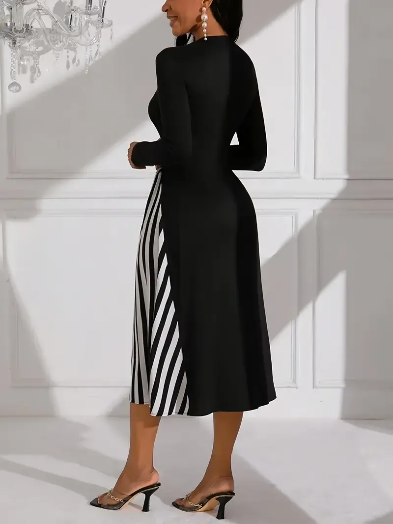Long Sleeve Striped Print Crew Neck A-line Dress, Elegant Asymmetric,Women's Clothing