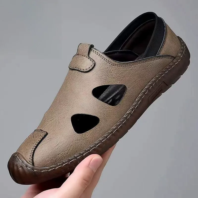 Summer new men's high-quality leather breathable and durable sandals hollow casual shoes