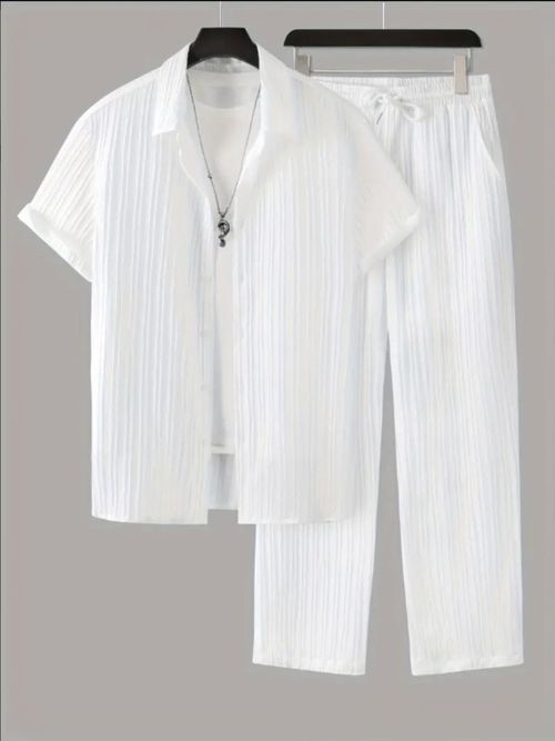 Men's Striped Short Sleeve Shirt Button-Down Lapel Suit