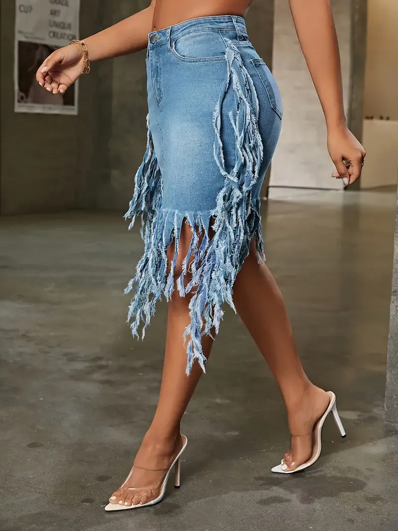 Sexy Fringe Hem Denim Skirt