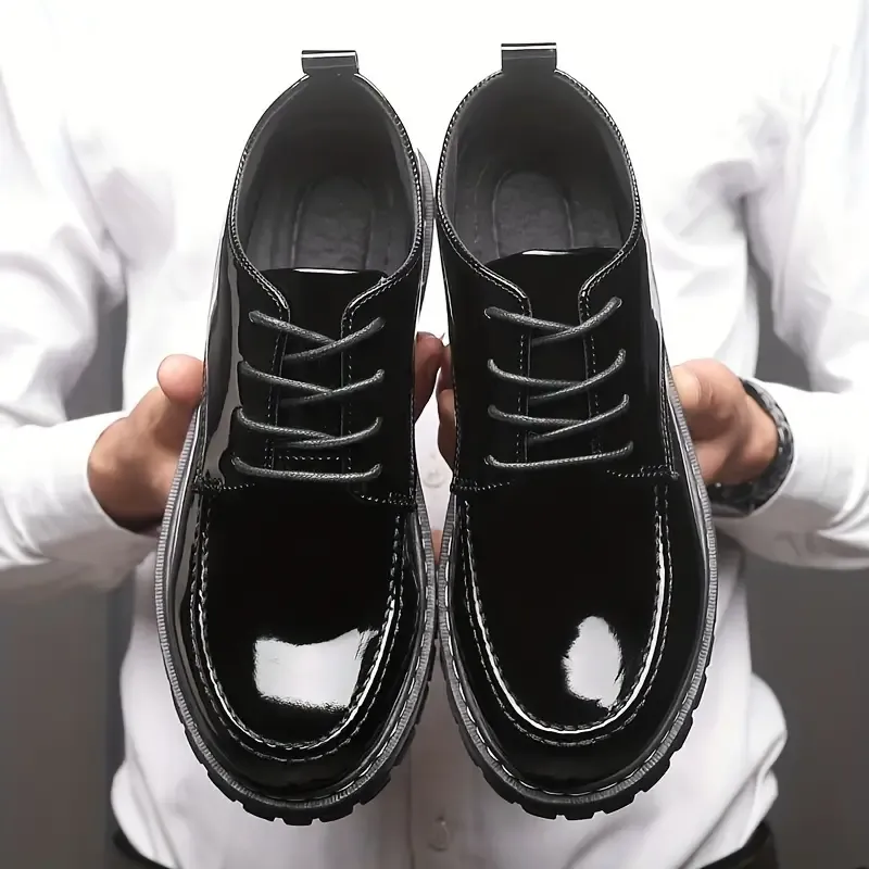Men's Faux Patent Leather Business Style Formal Shoes, Comfy Nonslip Trendy Lace Up Dress Shoes, Men's Footwear