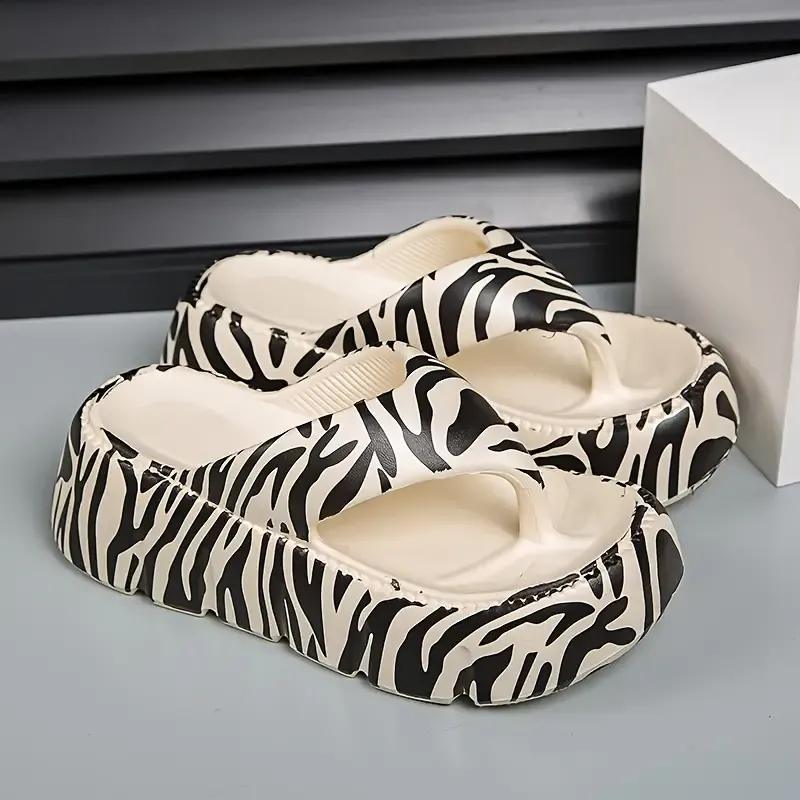 Women's Zebra Print Flip Flops, Slip On Platform Soft Sole Casual Beach Slides, Non-slip Vacation Slides
