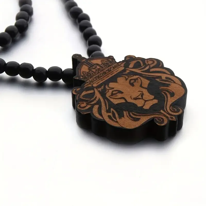 Cool Wood Lion King Beaded Chain Necklace, With Laser Carved Natural Wooden Pendant, Hip-hop Collar Accessories Awesome Gift