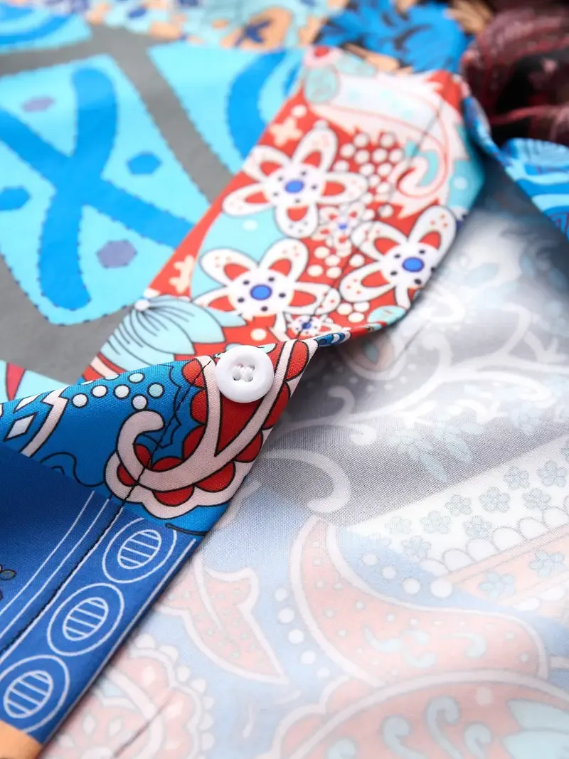 Ethnic Color Block Men's 2Pcs Outfits, Casual Camp Collar Lapel Button Up Short Sleeve Shirts Hawaiian Shirt And Drawstring Shorts Set For Summer, Men's Clothing