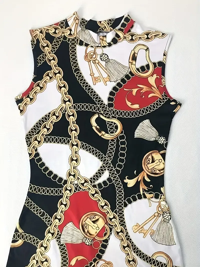 Chain Print Tank Dress, Casual Crew Neck Slim Sleeveless Bag Hip Random Printing Dress, Women's Clothing