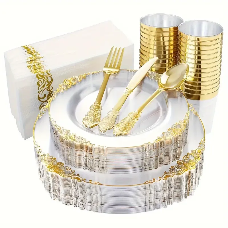 🔥🔥Hot Sale Promotion -70pcs, Elegant Golden Disposable Dinnerware Set For 10 Guests - Includes 10 Dessert Plates, 10 Salad Plates, 10 Napkins, 10 Cups, & 30 Cutlery (Forks, Knives, Spoons) - Perfect For Wedding Anniversary, Holiday Parties