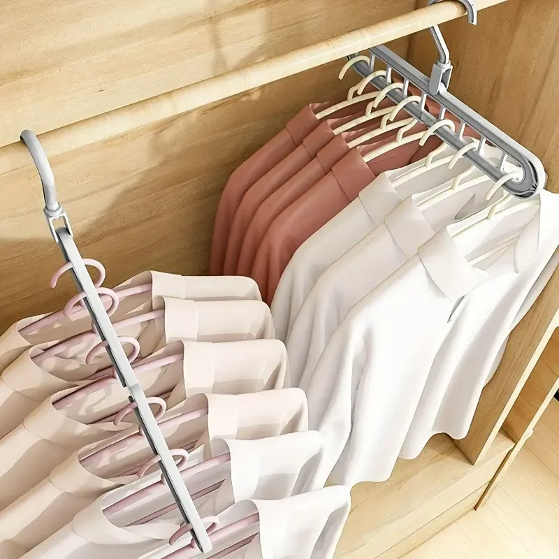 5pcs, Plastic 9-Hole Foldable Hangers, Heavy Duty Space Saving Clothes Organizer Hangers, For Room, Closet, Wardrobe, Home & Dorm Storage, Suitable For Clothing Stores