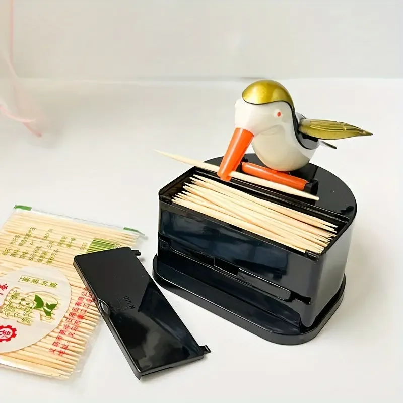 1pc Cute Woodpecker Toothpick Dispenser - Automatic Pop-Up Bird-Shaped Toothpick Holder, Durable ABS Resin, Perfect for Home & Restaurant Decor