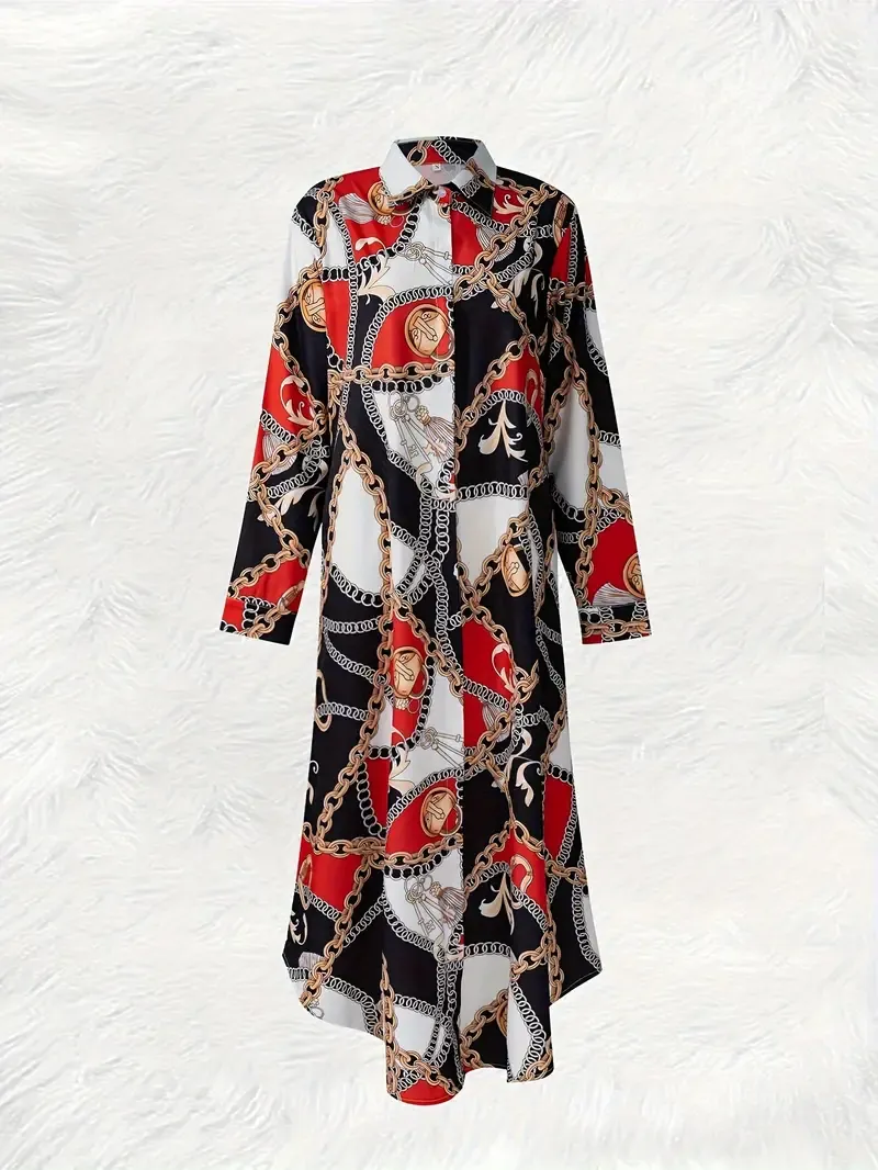 Chain Patchwork Print Button Up Shirt Dress, Vacation Long Sleeve Collared Loose Maxi Dress, Women's Clothing