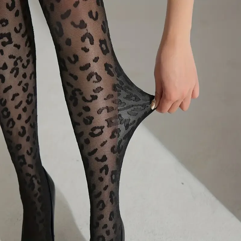 Plus Size Sexy Stockings, Women's Plus Leopard Patterned Solid Stretchy High Rise Semi Sheer Comfort Pantyhose