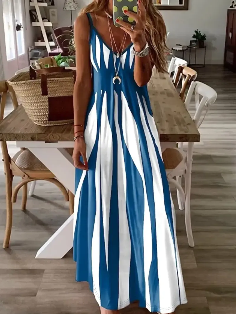 Striped Spaghetti Strap Dress, Elegant V Neck Sleeveless Cami Dress For Spring & Summer, Women's Clothing