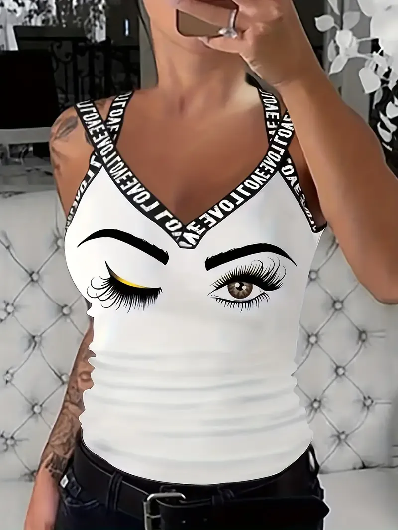 Letter Tape Skull Print Top, Sleeveless Casual Tank Top, Women's Clothing
