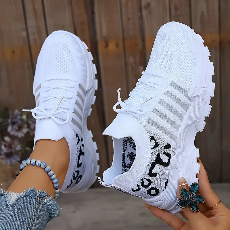 Women's Casual Sports Shoes, Flying Woven Leopard Print Breathable Lace-up Running Shoes, Comfortable Platform Shoes