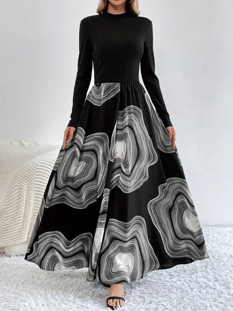 Elegant High-Top Printed Long-Sleeve Dress with Geometric Pattern And Round Neck for Adults, Polyester Fabric with Pleats