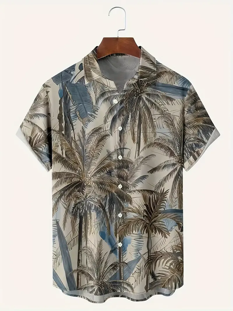 Men's Coconut Trees Graphic Print Shirt, Casual Lapel Button Up Short Sleeve Shirt For Summer Outdoor Activities