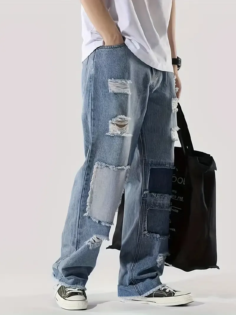 Loose Fit Men's Casual Denim Pants, Chic Street Style Patchwork Jeans K-pop