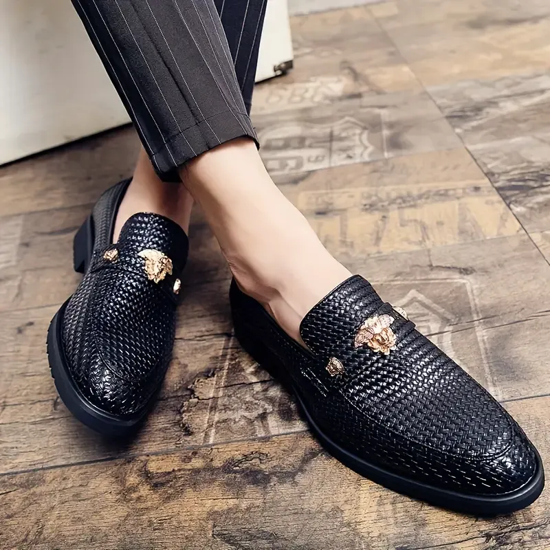 Men's Classic Slip-On Loafers with Decorative Metal Accents - Universal Fit, Solid Color, Low Top Oxfords with PU Upper, Inner & Insole, Durable Rubber Sole - Stylish Business Casual Derby Shoes