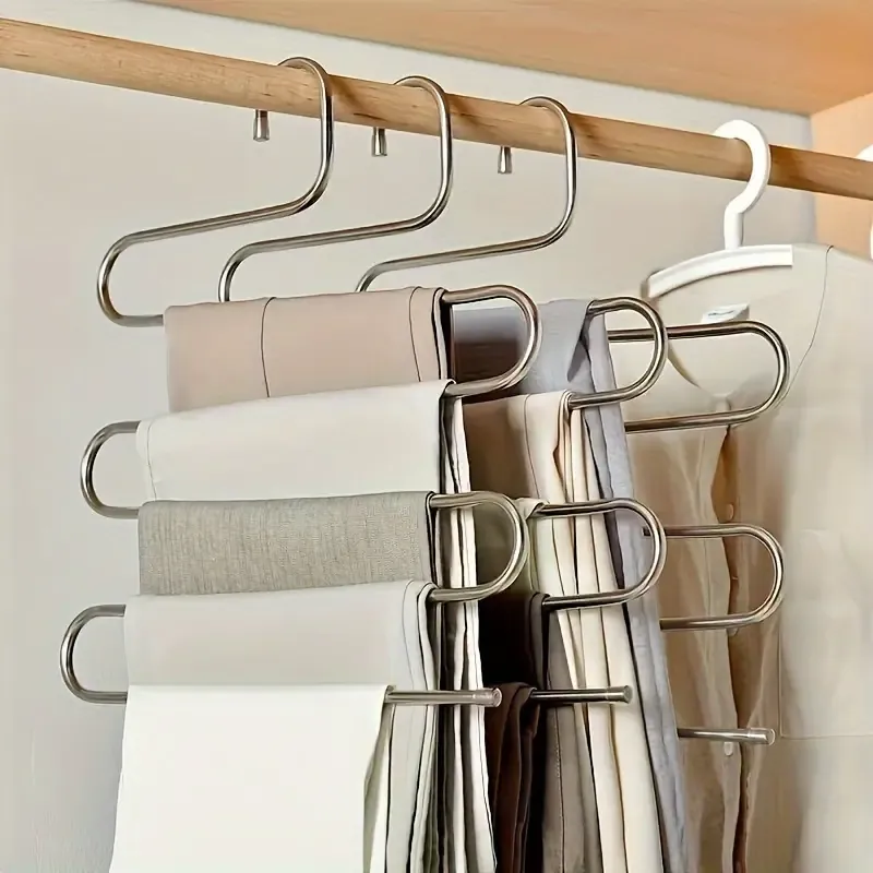 4 pcs Space-Saving Stainless Steel Multi-Layer Pants Hanger - Non-Slip, S-Shaped Clip for Wardrobe Organization & Towel Storage Hangers For Clothes Hangers For Pants