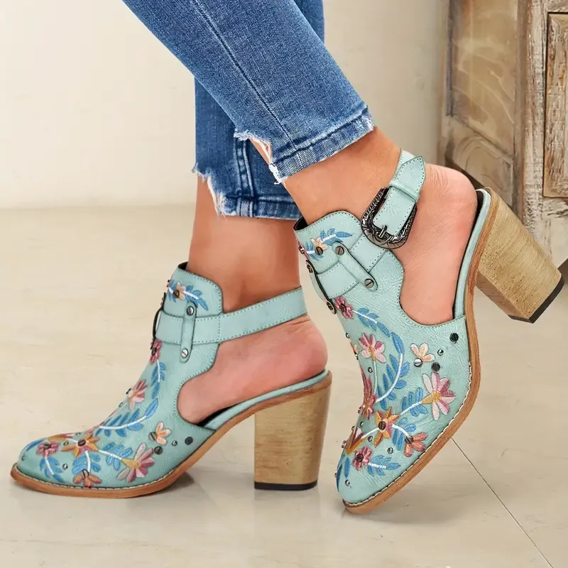 Women's Embroidered & Studded Decor Chunky Heeled Boots, Slingback Faux Leather Ankle Boots, Women's Footwear